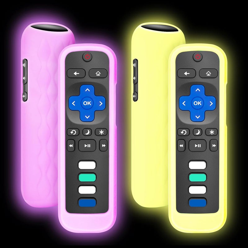 ENJOYLink for Roku Remote Cover,Compatible with All Roku TV Remote Glow in The Dark Silicone Protective Case Yellow and Purple 2-Pack - Image 1